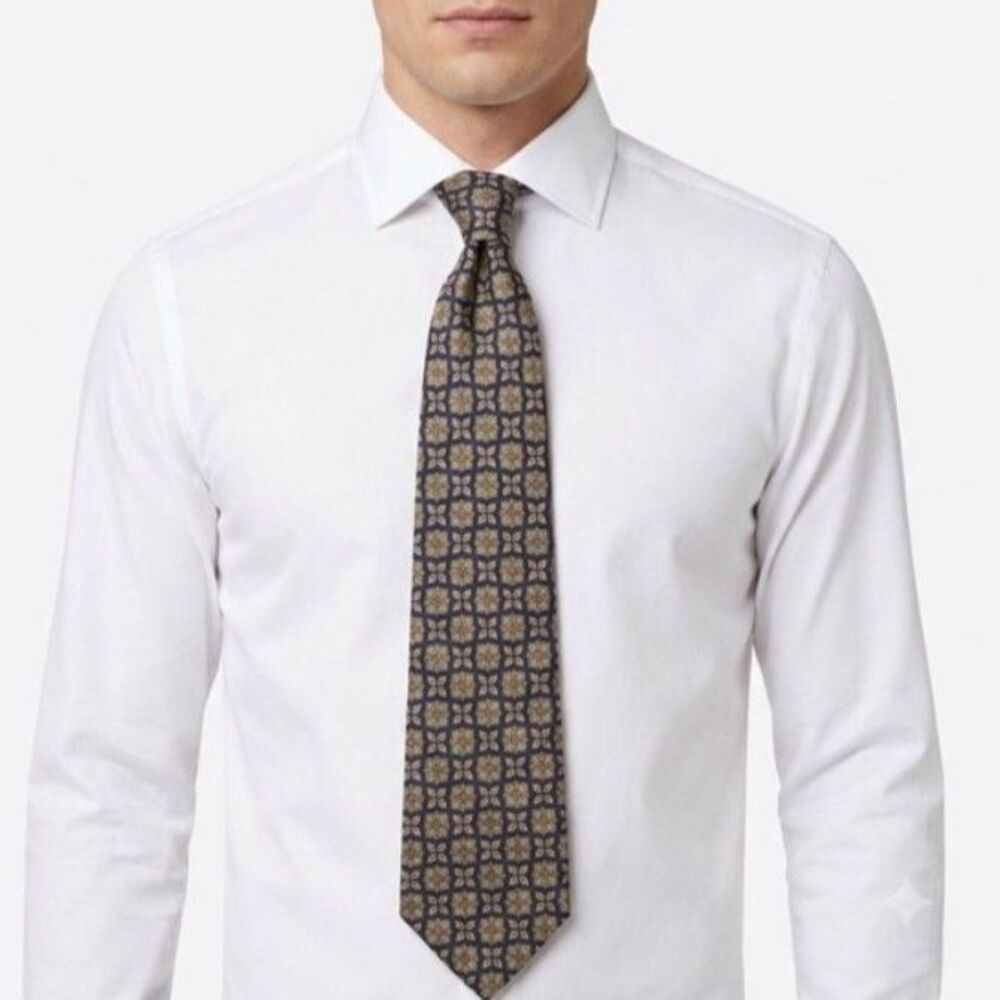 Jos. A. Bank Men's Navy Tan Geometric Floral 100% Silk Extra Long Tie